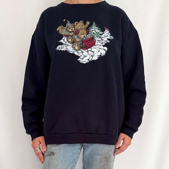 90s vintage teddy bear winter sleigh holiday graphic cotton pullover sweatshirt - Picture 1 of 9